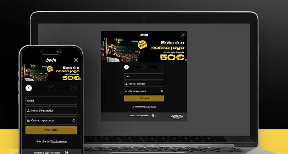 Imagem mostra smartphone e notebook abertos na página de registro da Bwin
