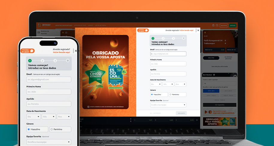 Imagem mostra notebook e smartphone aberto na página de registro da Betano