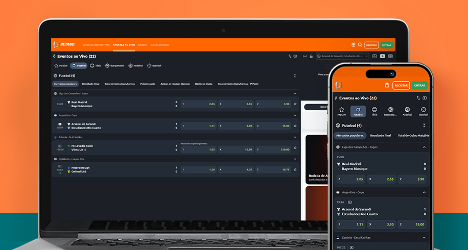 Imagem mostra notebook e smartphone aberto na página de transmissão em direto da Betano