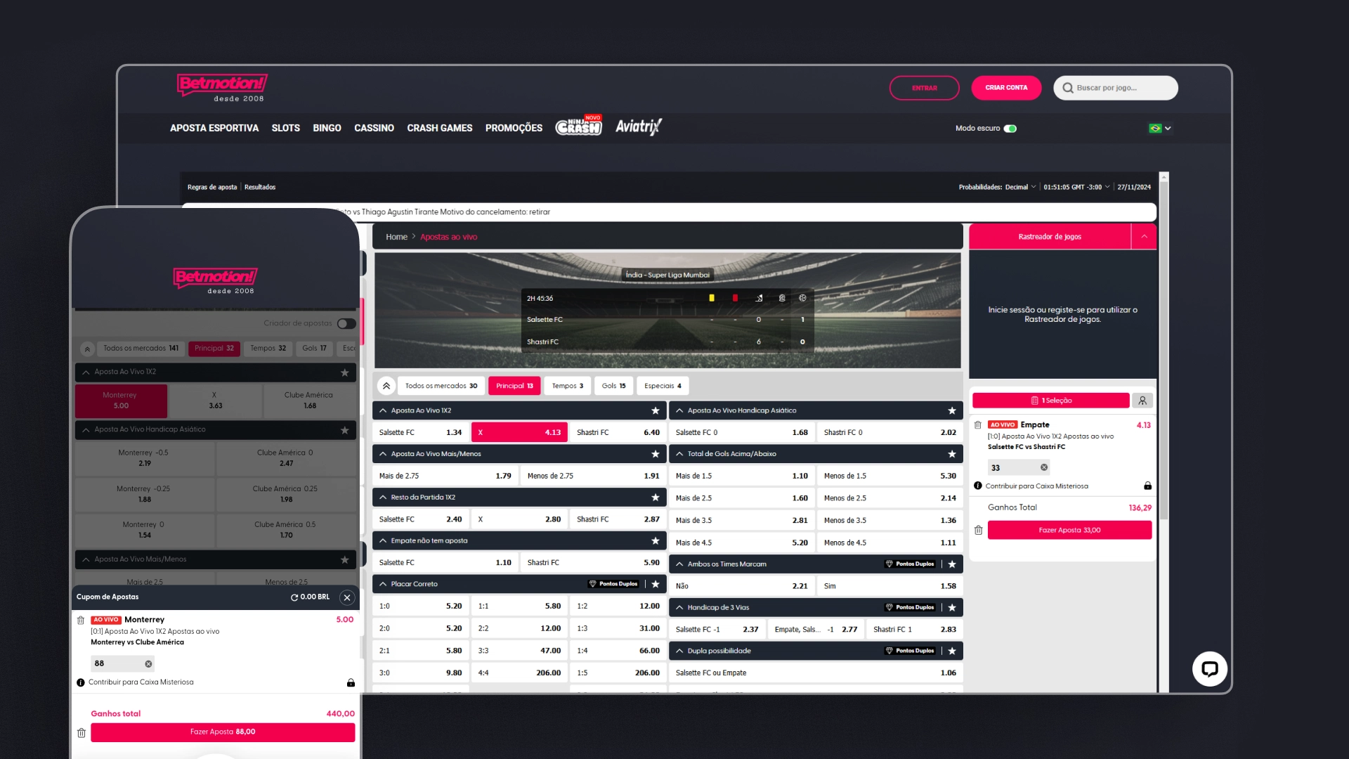 Imagem mostra notebook e celular aberto na página de apostas da Betmotion