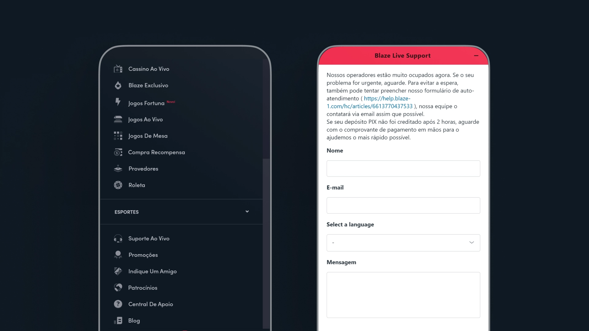 screenshot a suporte chat ao vivo Blaze