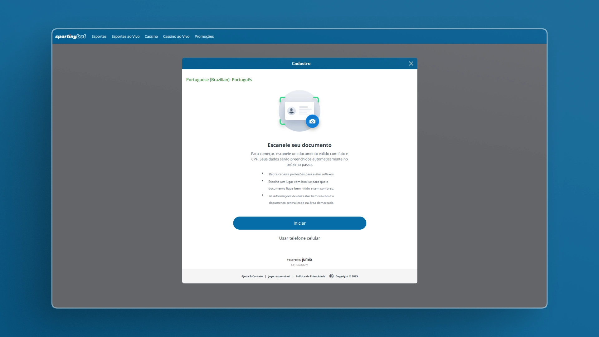 Print mostra página de cadastro da Sportingbet