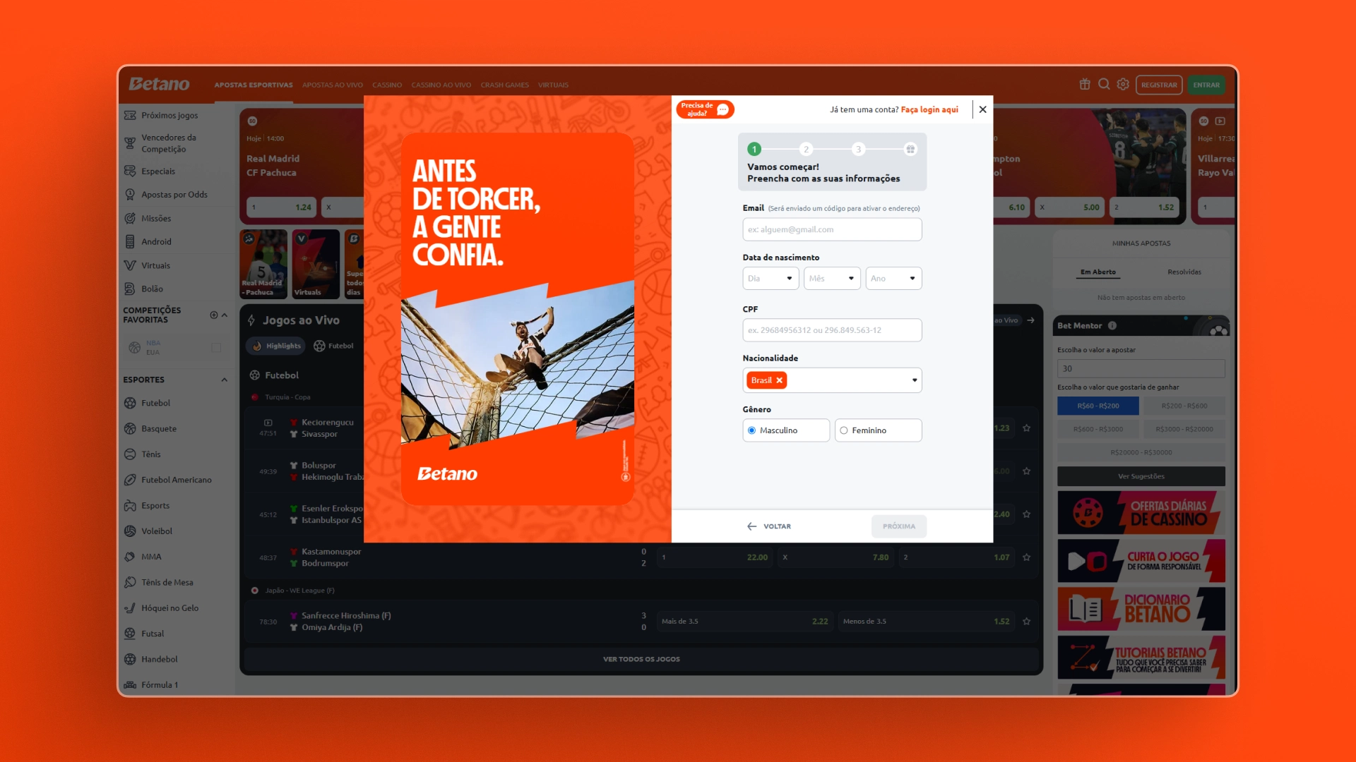 Print mostra página de cadastro da Betano