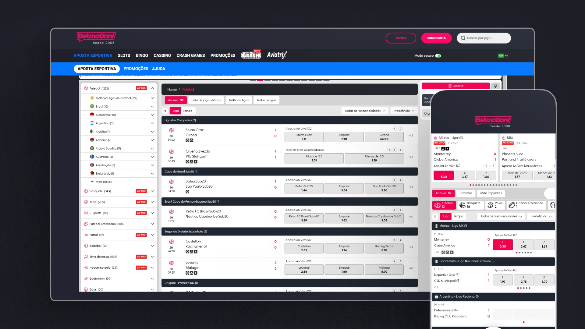 Imagem mostra notebook e celular aberto na página de esportes ao vivo da Betmotion