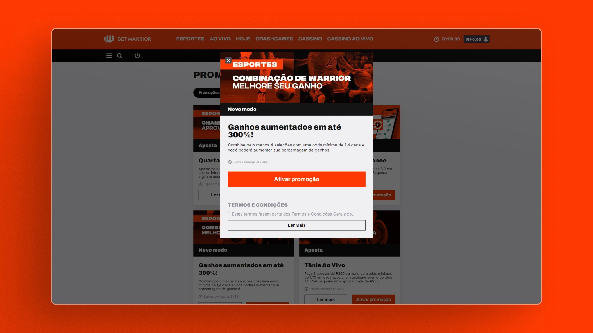 screenshot promoção ganhos aumentados betwarrior