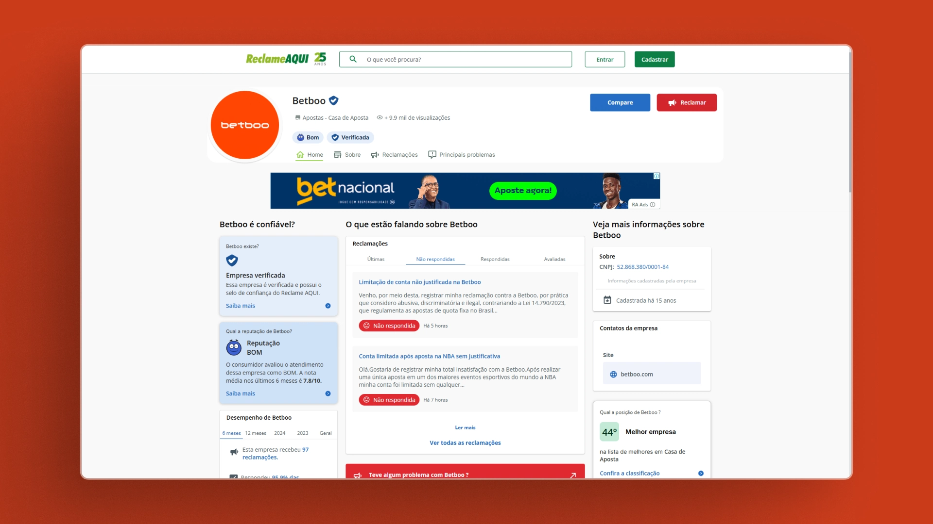 screenshot reclame aqui betboo