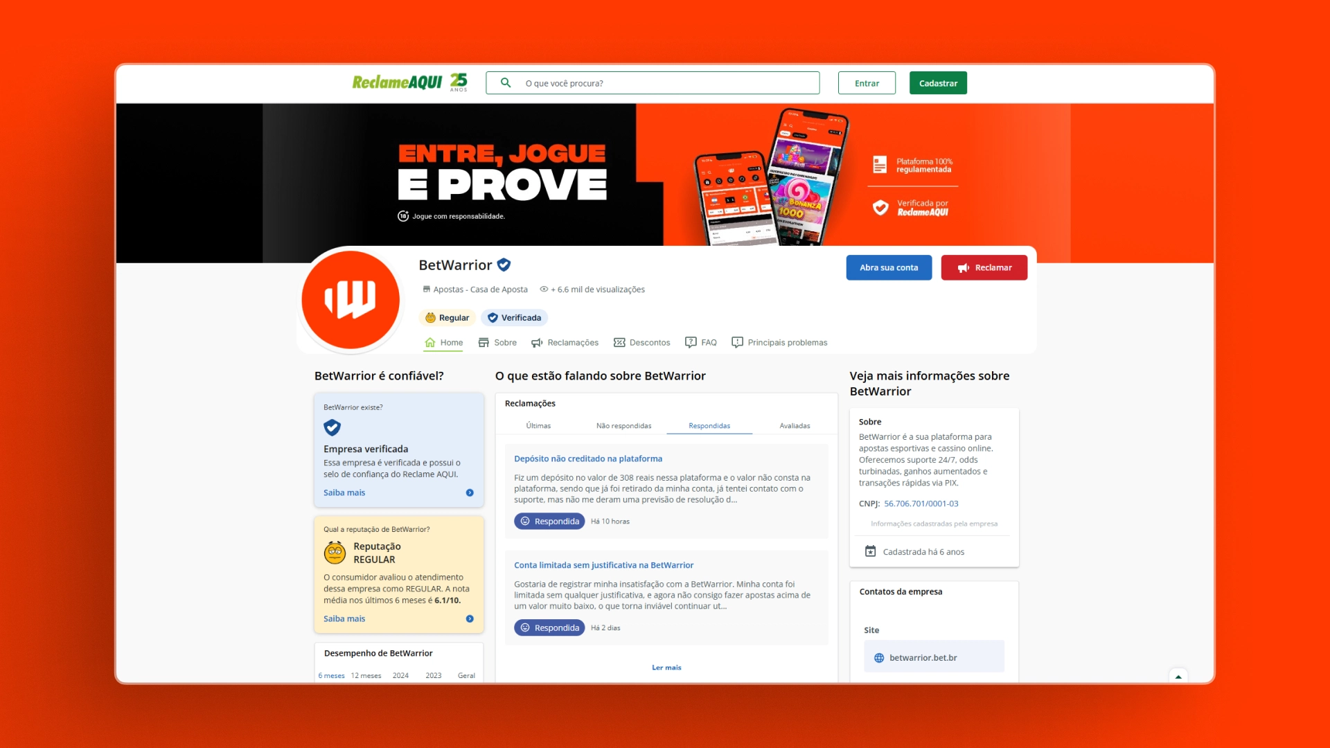 screenshot reclame aqui betwarrior
