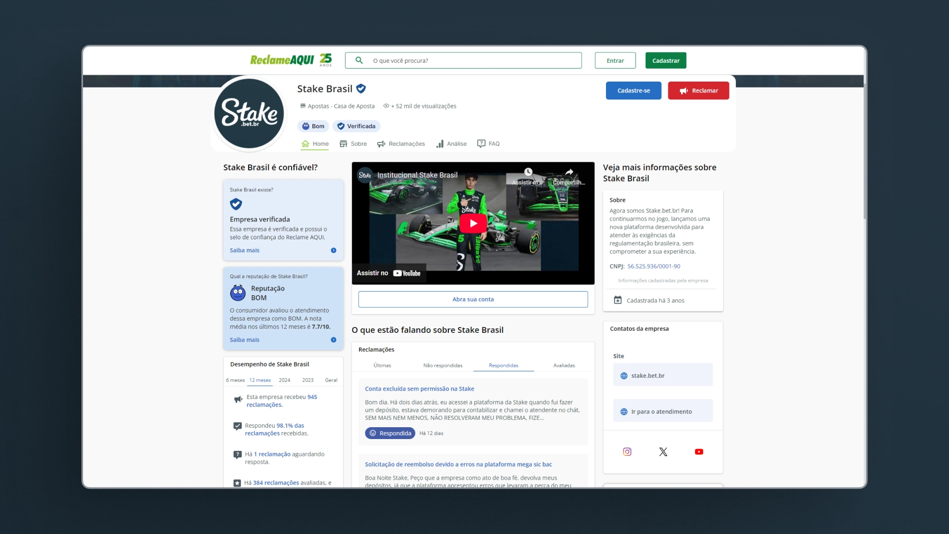 screenshot reclame aqui stake