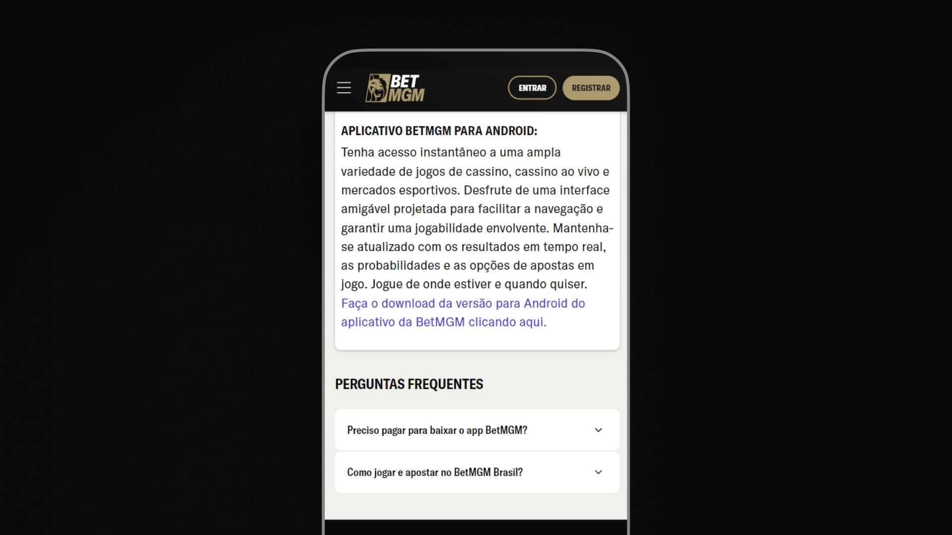 screenshot mobile instalaçao app BetMGM