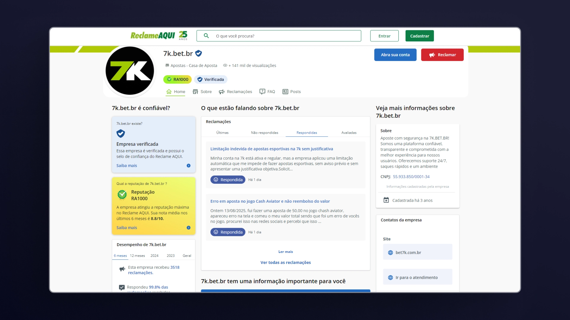 screenshot reclame aqui bet7k