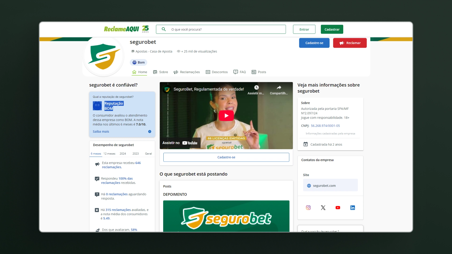 screenshot reclame aqui segurobet