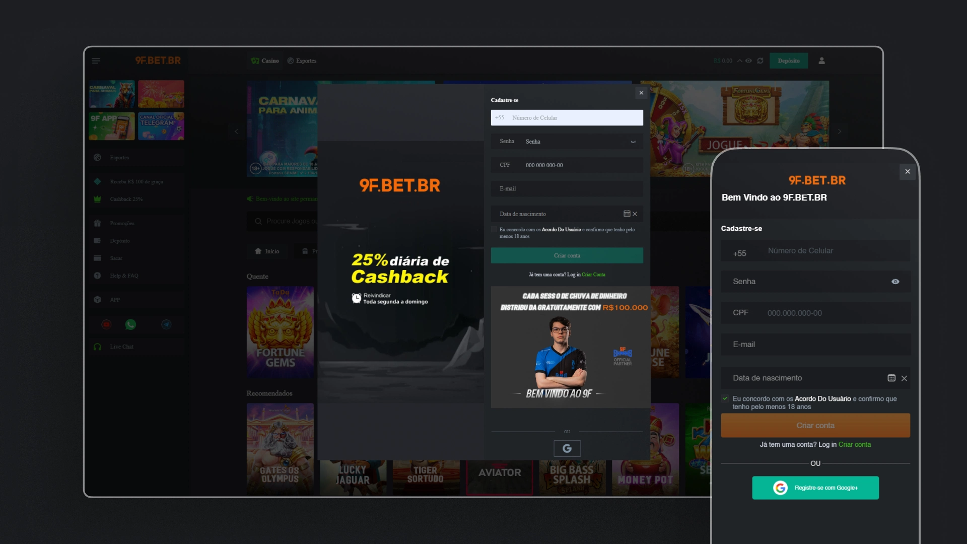 screenshot cadastro 9f bet