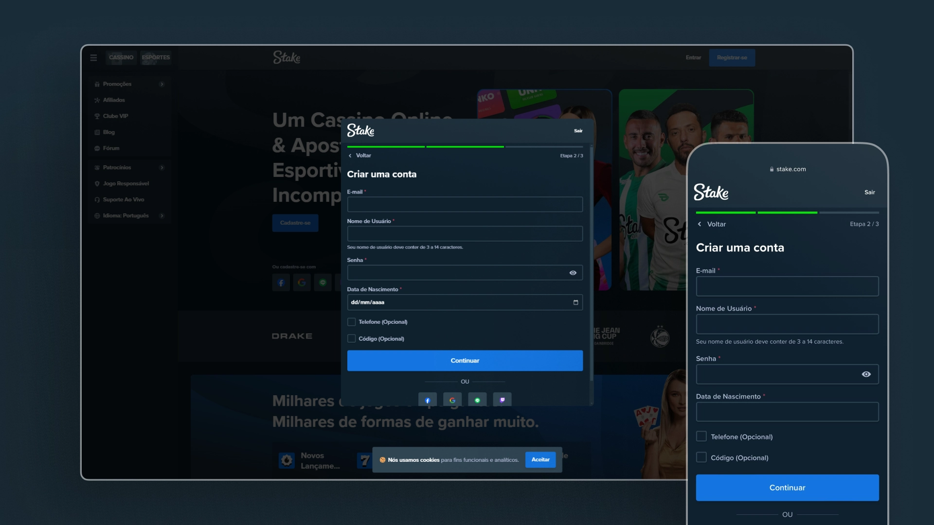 screenshot cadastro Stake