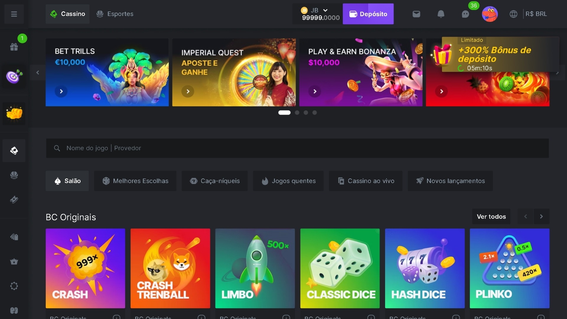 Screenshot pagina de jogos cassino bcgame