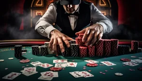 The image shows a dealer with cards and casino chips