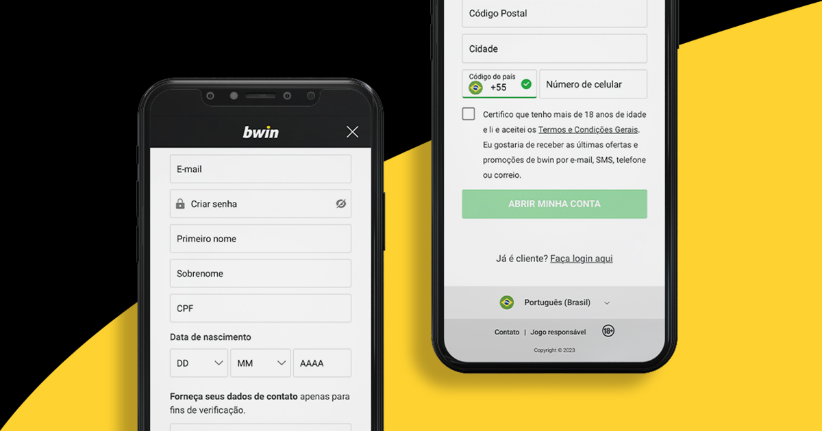 imagem mostra smartphones abertos na página de cadastro da Bwin.