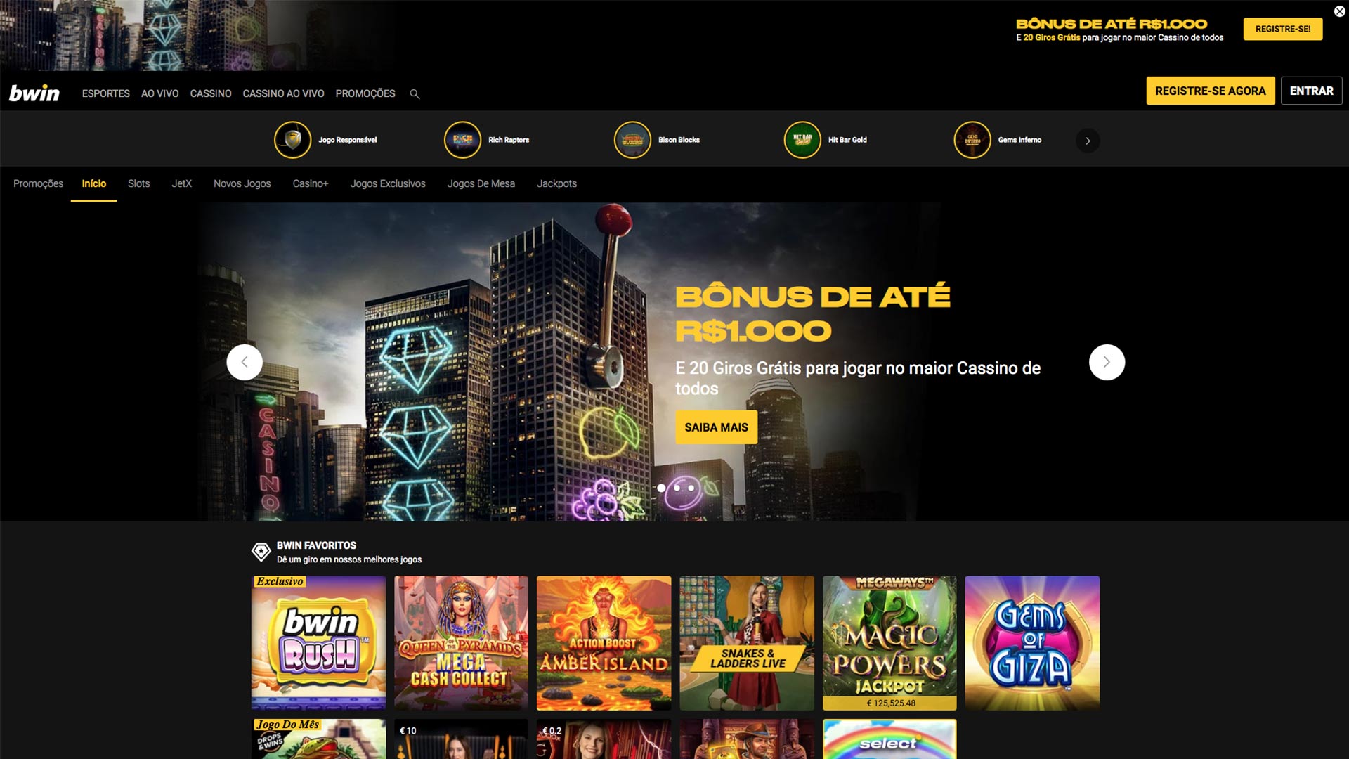 screenshot mostra página de jogos de cassino da Bwin