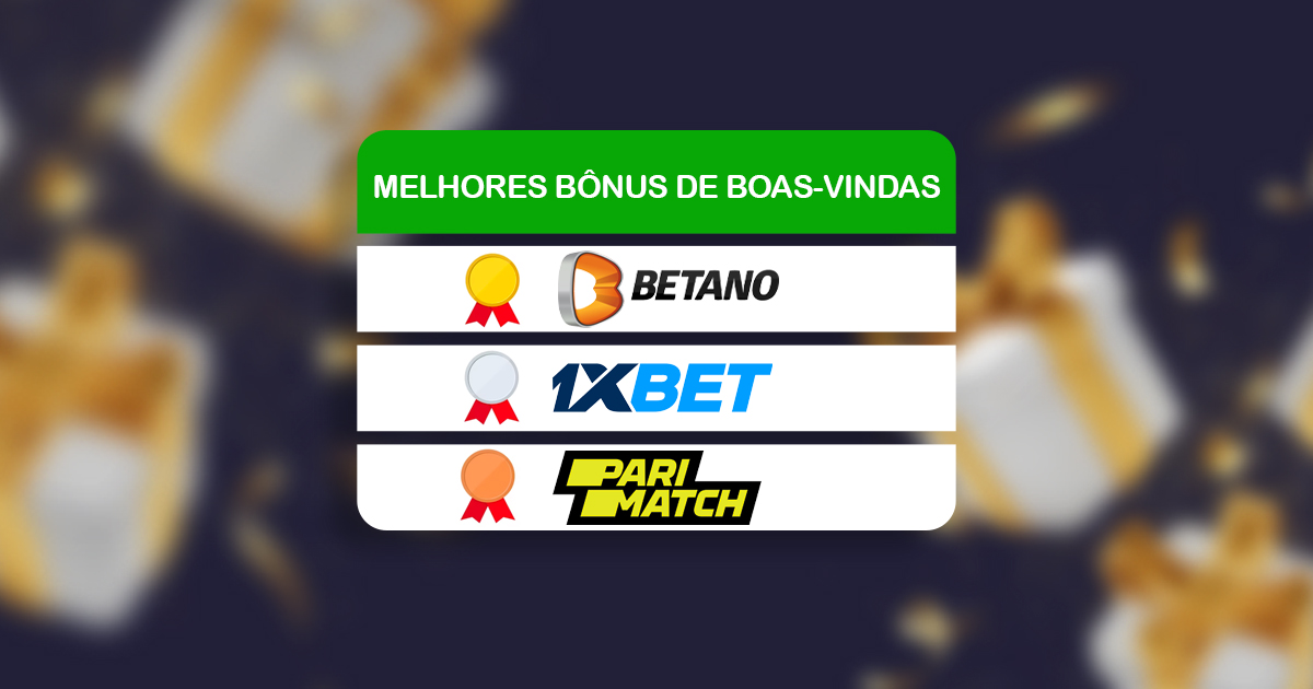 imagem mostra um ranking de ouro, prata e bronze das casas com melhores bônus de boas-vindas sendo, respectivamente: Betano, 1xBet e Parimatch.