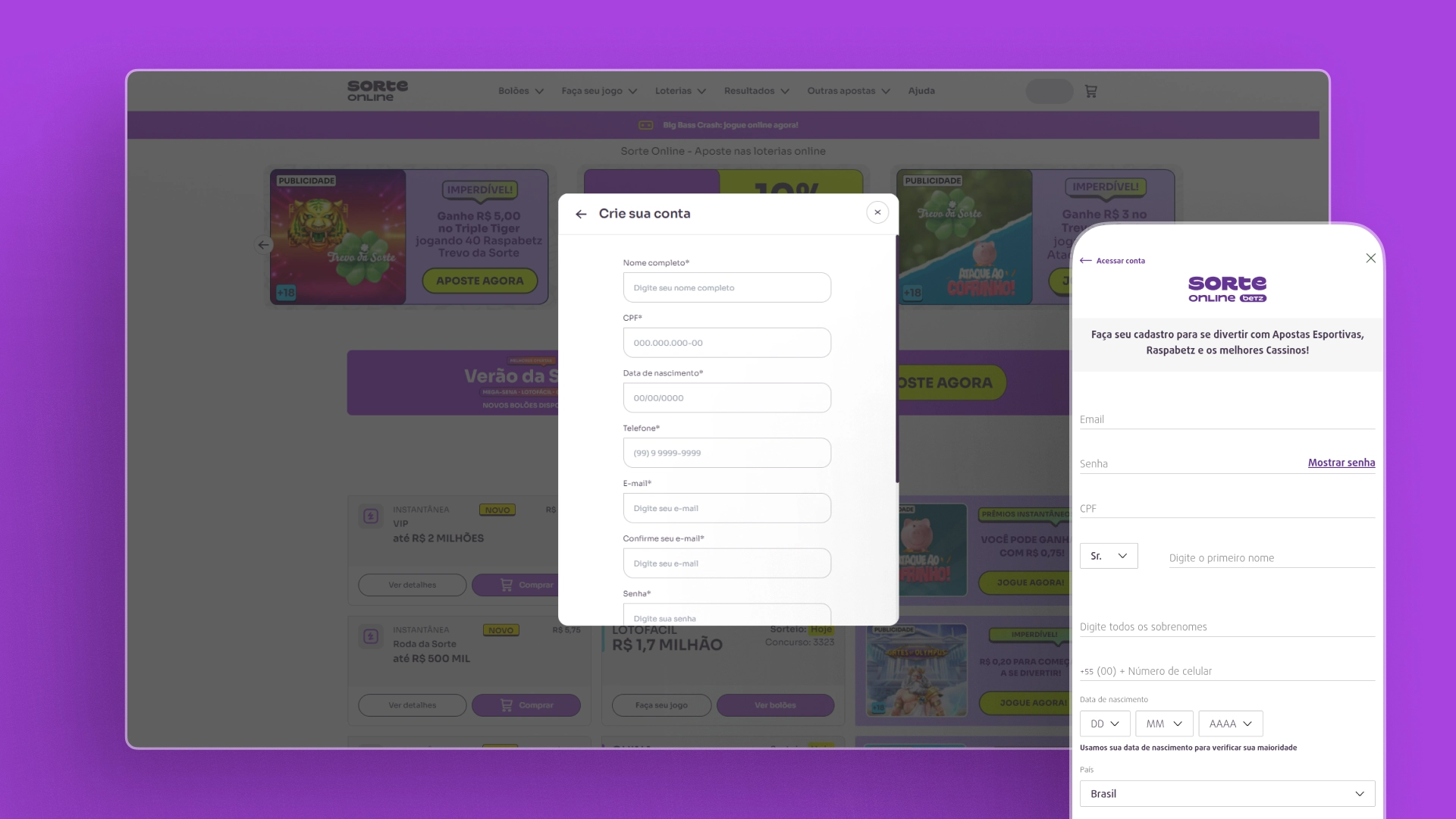 screenshot cadastro sorte online