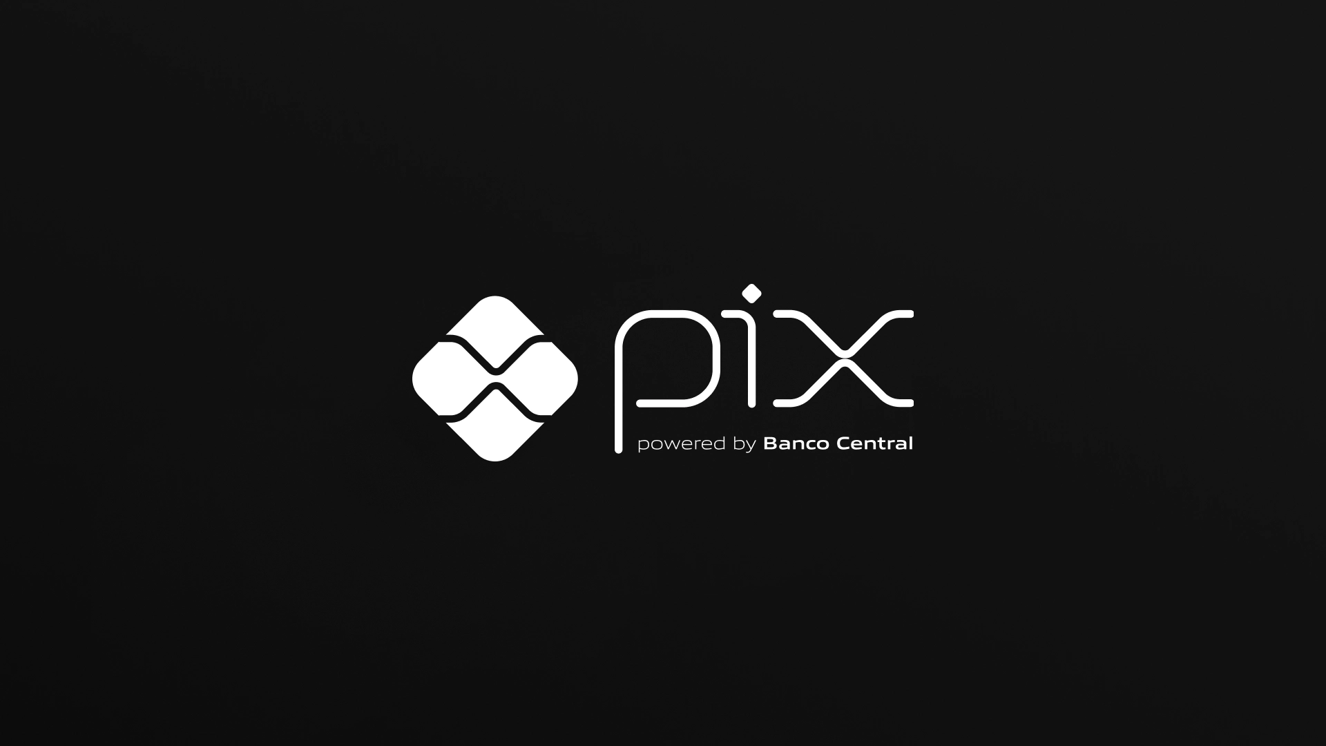 Logotipo do Pix em fundo preto. O ícone, em branco, é uma forma geométrica com quatro pontas que lembram as pétalas de uma flor, ao lado da palavra 'pix' em fonte vazada, com a assinatura 'powered by Banco Central' abaixo.