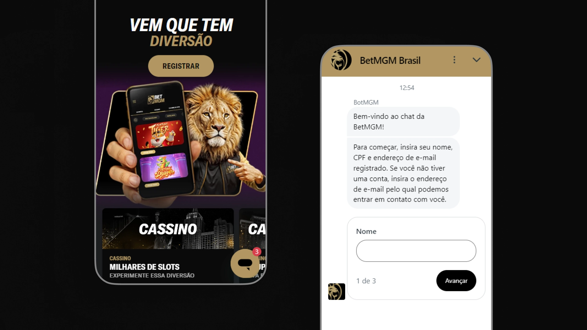 Passo a passo para acessar o chat ao vivo da BetMGM. Tela de boas-vindas do site e a janela do chat solicitando nome e e-mail de registro.