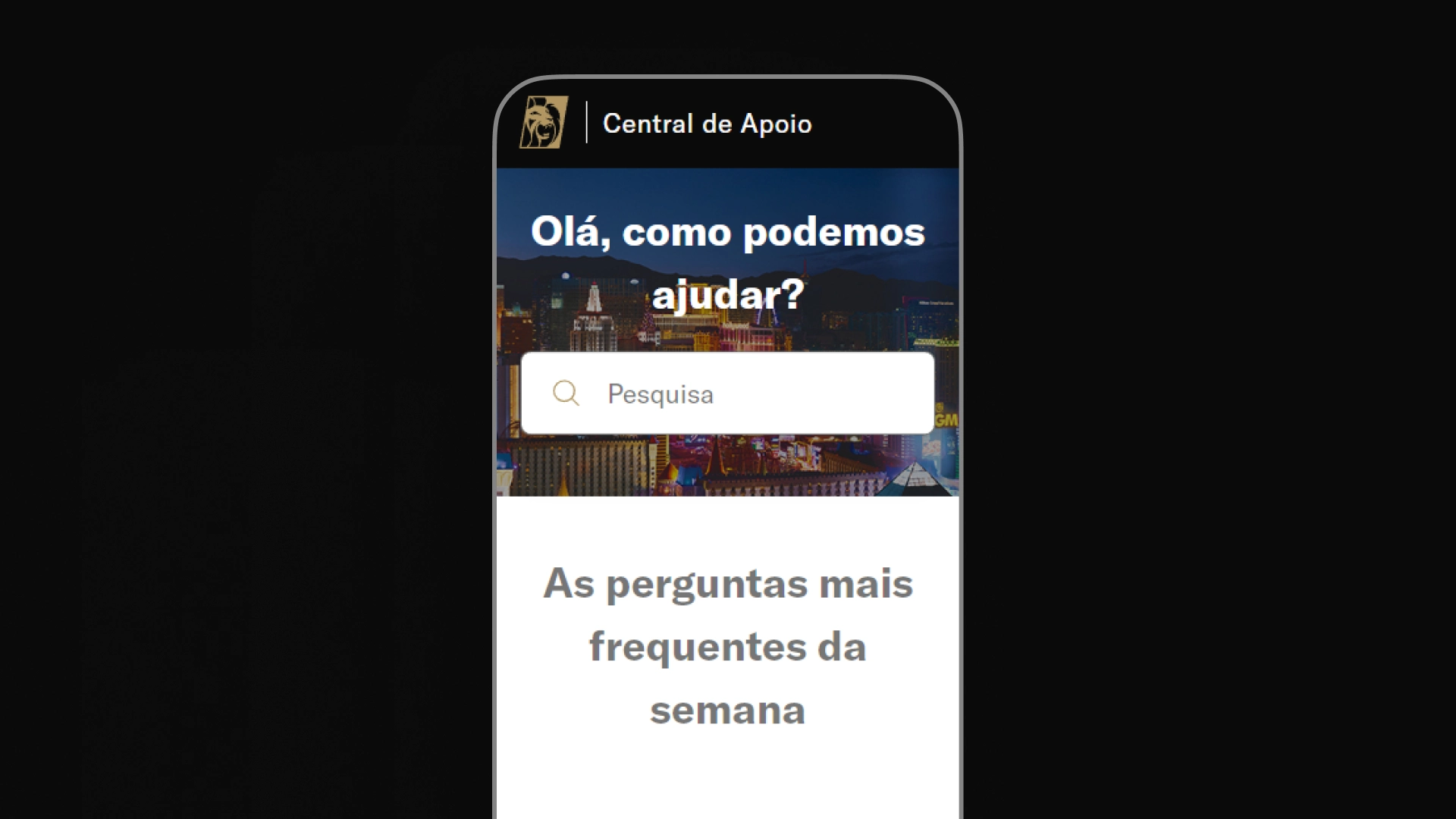 Captura de tela da Central de Apoio (FAQ) da BetMGM em dispositivo móvel. A interface mostra a barra de pesquisa e o título 'As perguntas mais frequentes da semana'.