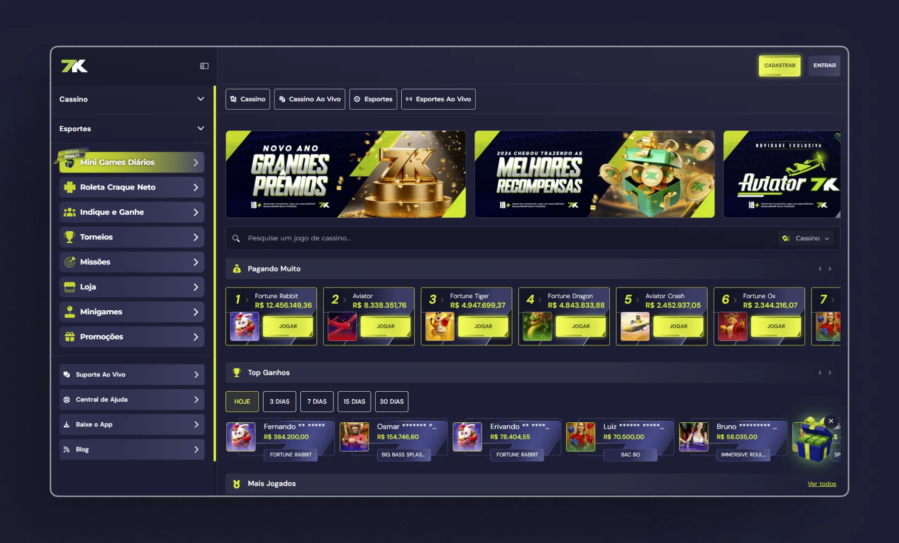 imagem screenshot pagina inicial 7kbet