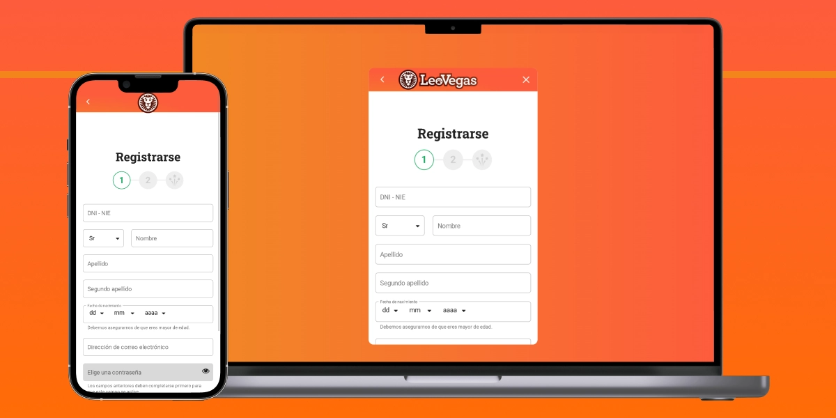 la imagen muestra un ordenador portátil y un teléfono móvil abiertos en la página de registro de LeoVegas