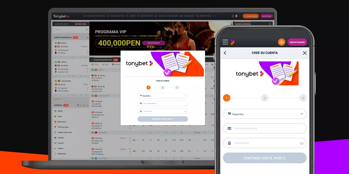 la imagen muestra un smartphone y un portátil abiertos en la página de registro de Tonybet