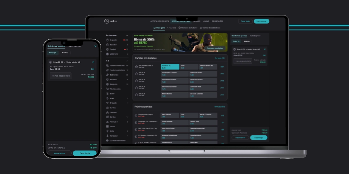 Imagem mostra smartphone e notebook abertos na página de bilhete da Unikrn