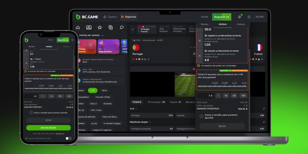 Imagem mostra smartphone e notebook abertos na página de bilhetes de aposta da BC Game