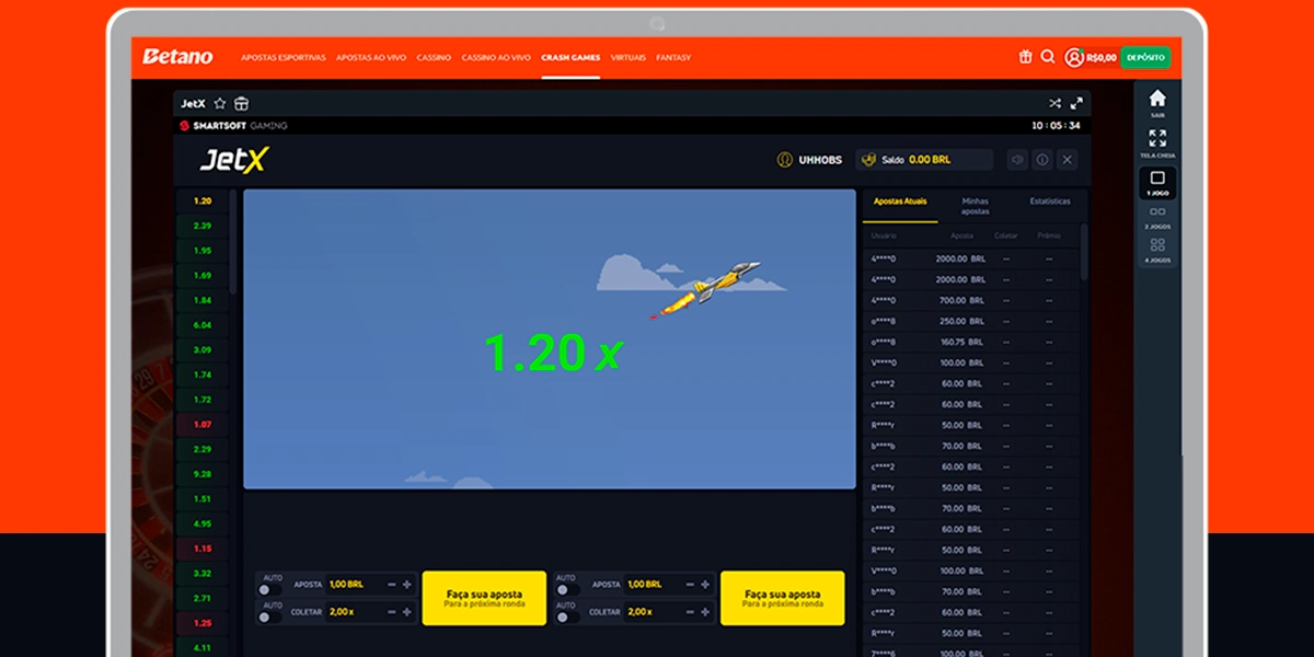 Imagem exibe a tela do jogo no site da Betano. Foguete sobre em 1.20x