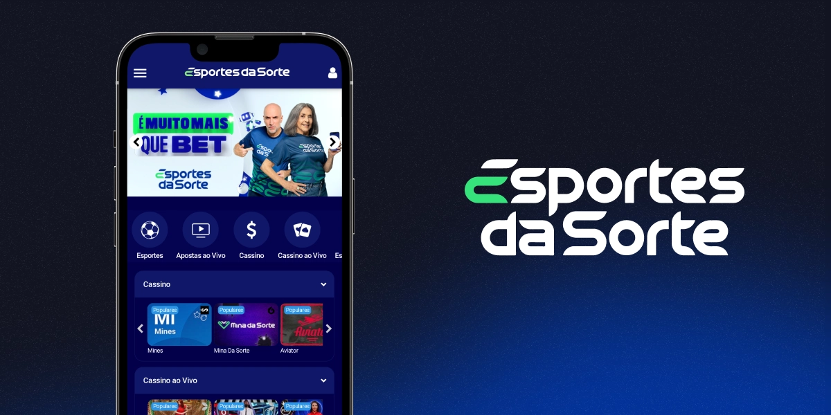 imagem mostra um smartphone aberto na versão mobile da Esportes da Sorte e, ao lado, a logomarca da casa.