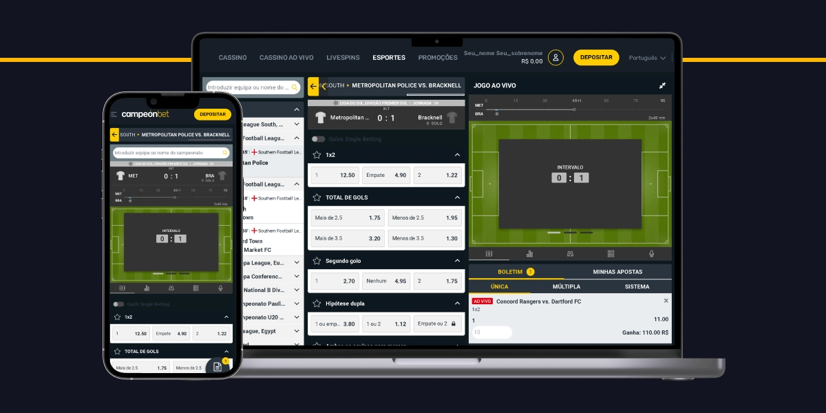 Imagem mostra smartphone e notebook abertos na página de transmissão ao vivo da Campeon Bet