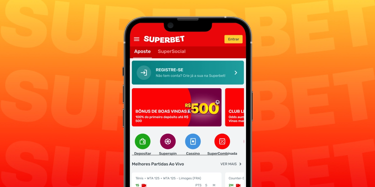 Imagem mostra smartphone aberto na página principal da SUperbet