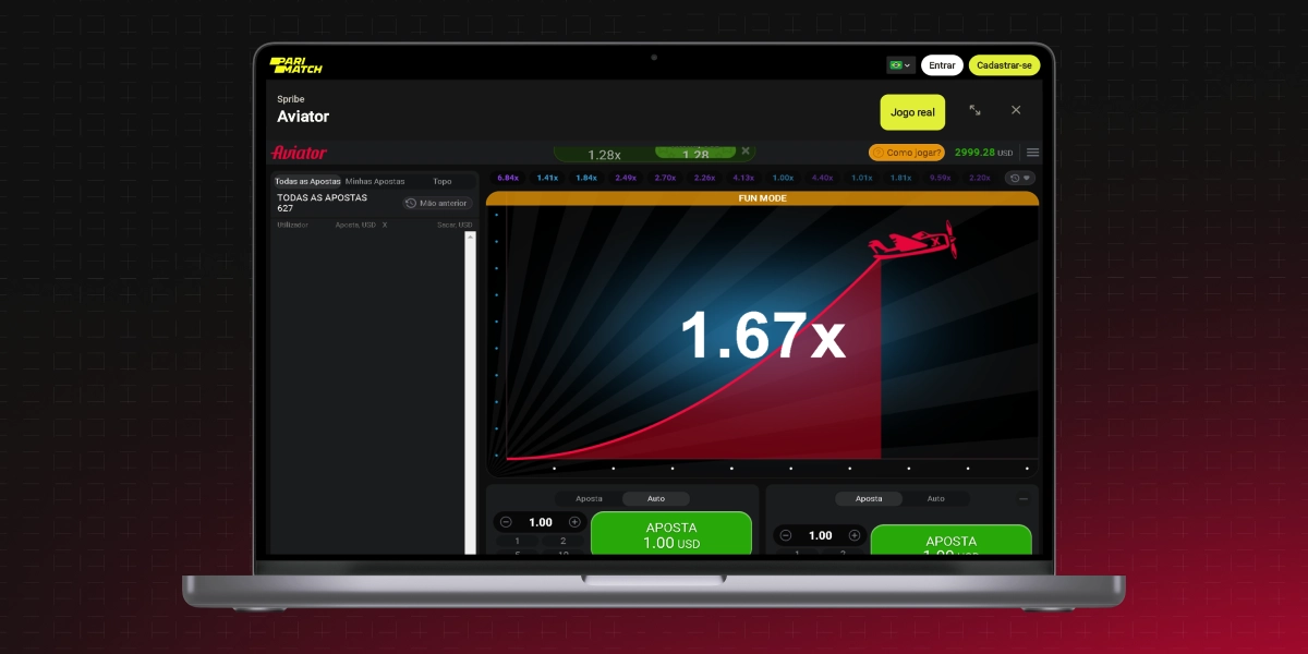 imagem mostra aviator na tela de um notebook com multiplicador em 1.67x no site da Parimatch