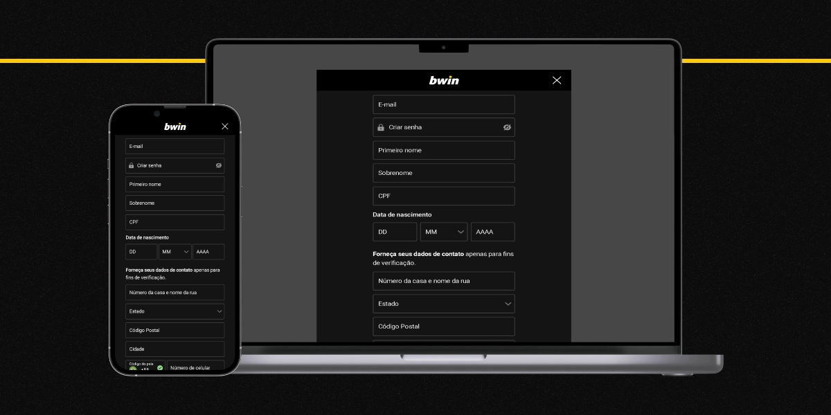 imagem mostra smartphone e notebook abertos na página de registro da Bwin