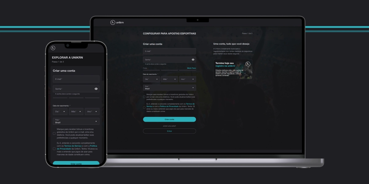 Imagem mostra smartphone e notebook abertos na página de registro da Unikrn