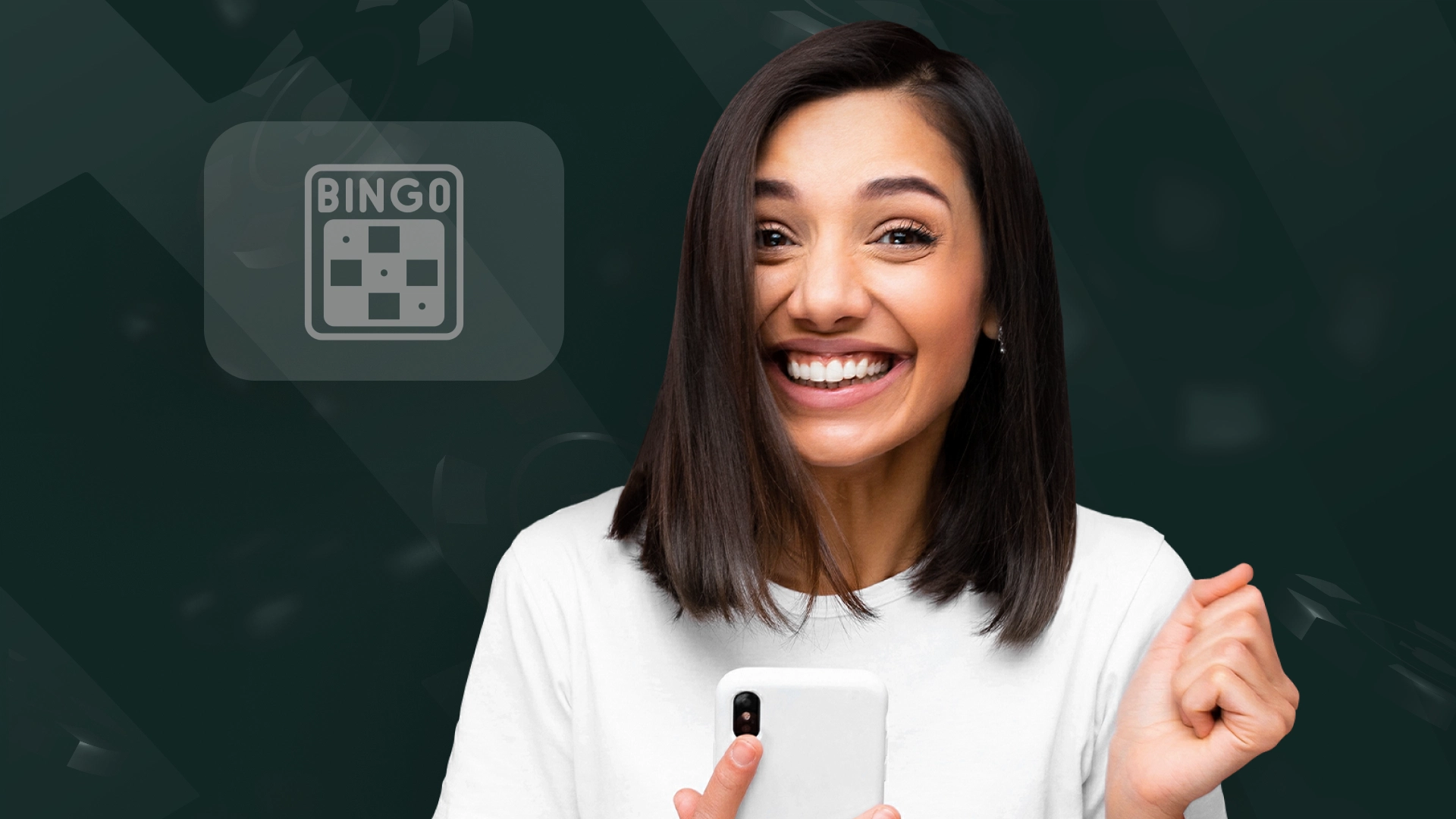 Imagem mostra mulher sorrindo ao utilizar um celular e o símbolo de bingo