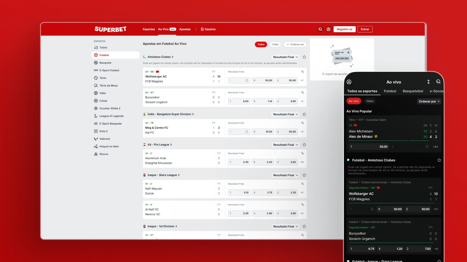 Imagem mostra notebook e celular aberto na página de esportes ao vivo da Superbet