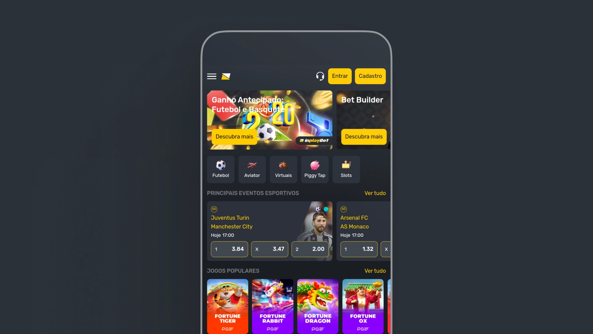 Imagem mostra celular aberto na página de apostas da InplayBet