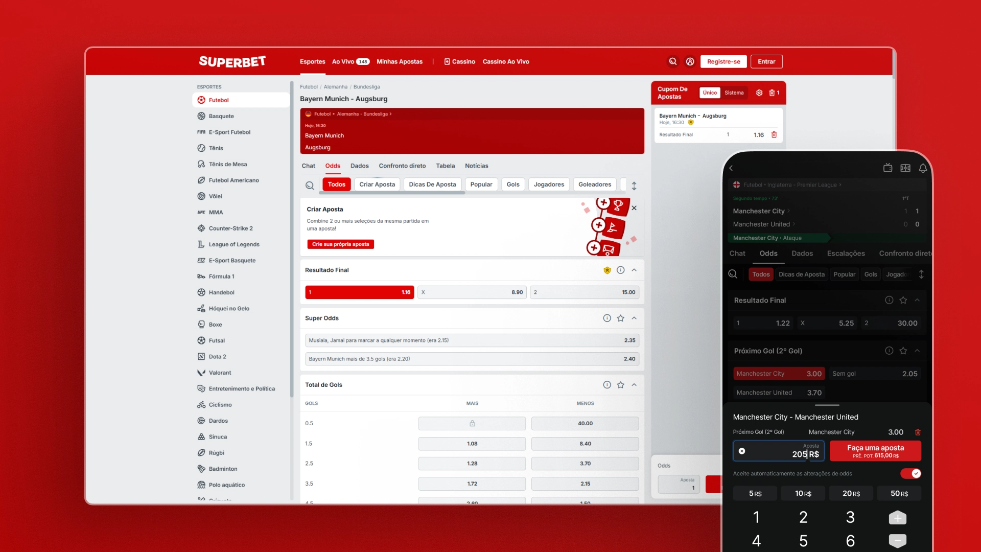 Imagem mostra notebook e celular aberto na página de apostas da Superbet