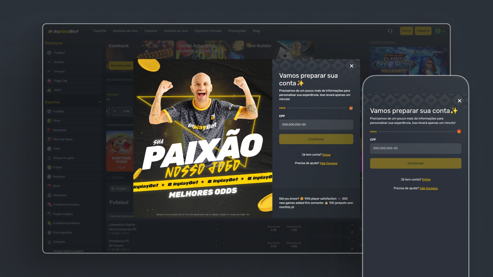 Imagem mostra notebook e celular aberto na página de cadastro da InplayBet