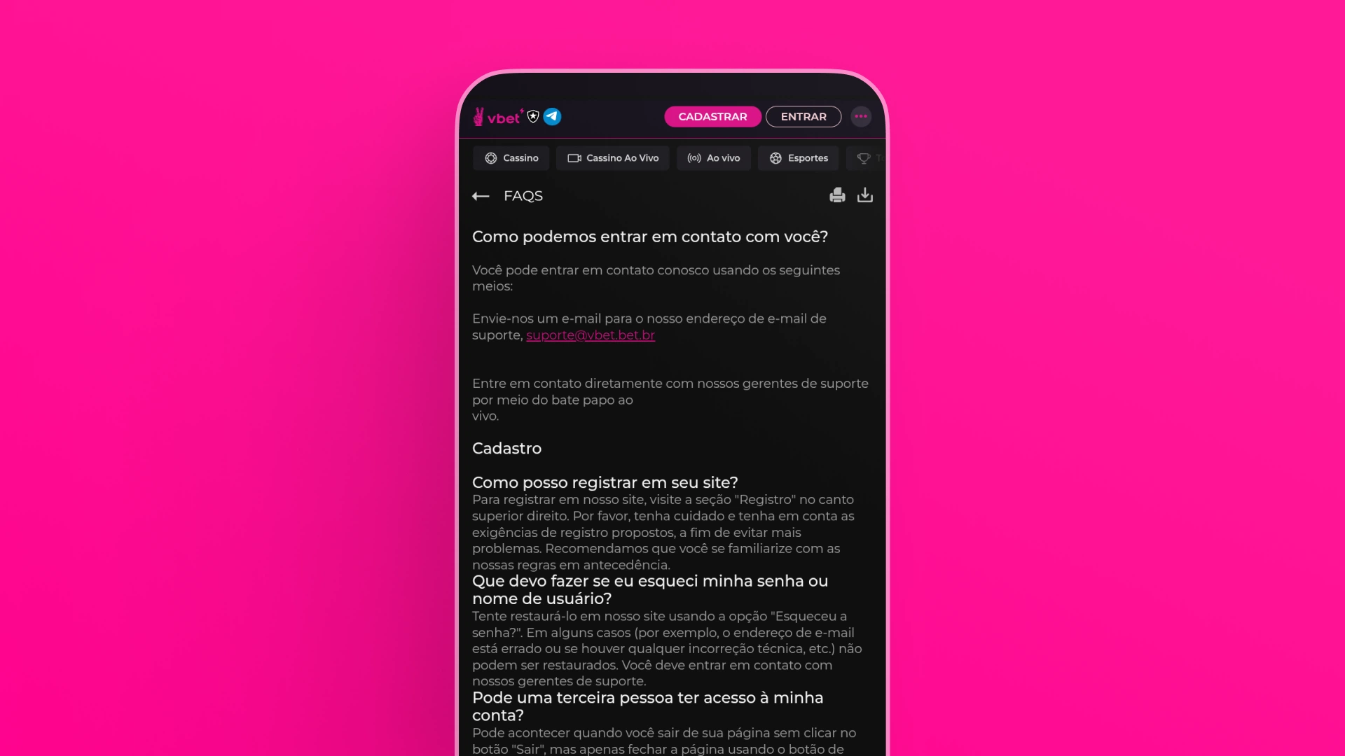 screenshot FAQ vbet
