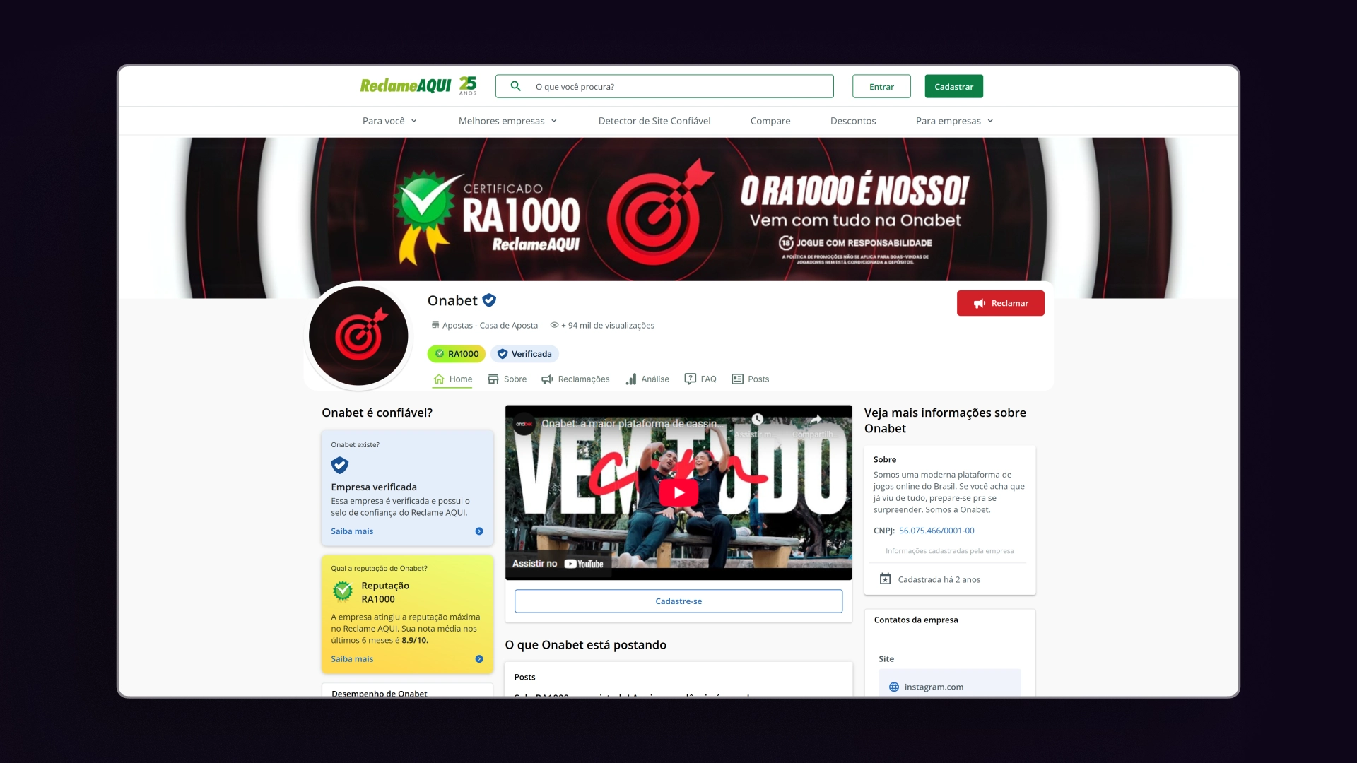 screenshot Reclame Aqui Onabet