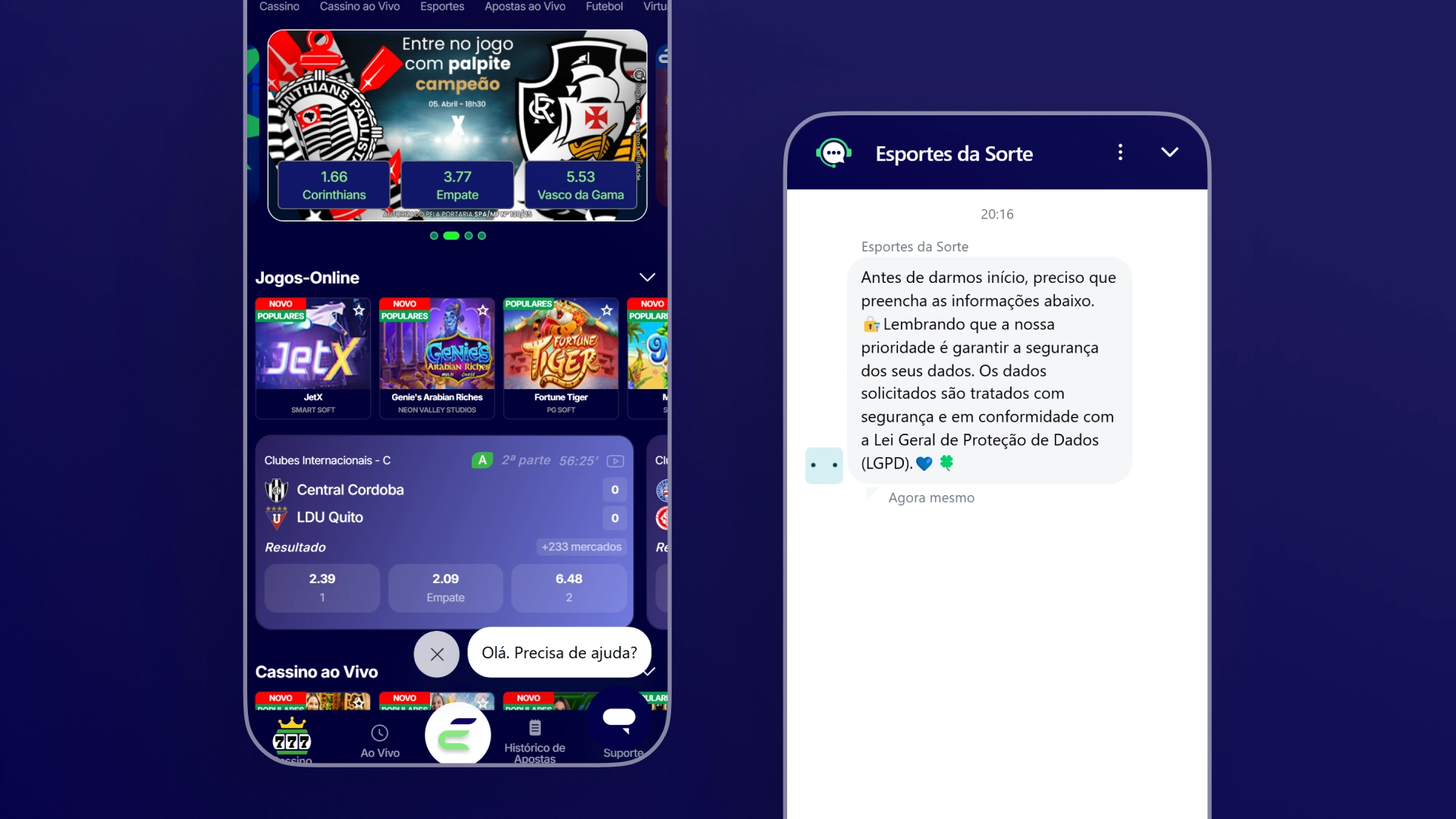 screenshot suporte chat ao vivo Esportes da Sorte