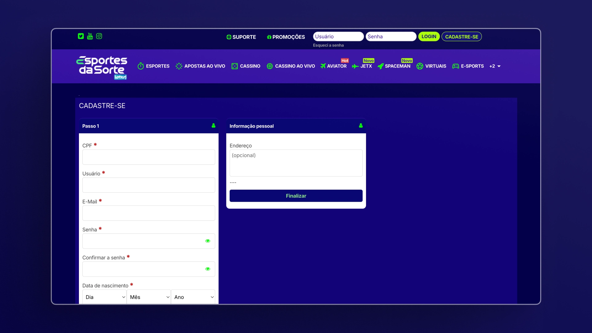 screenshot cadastro 2 esportes da sorte