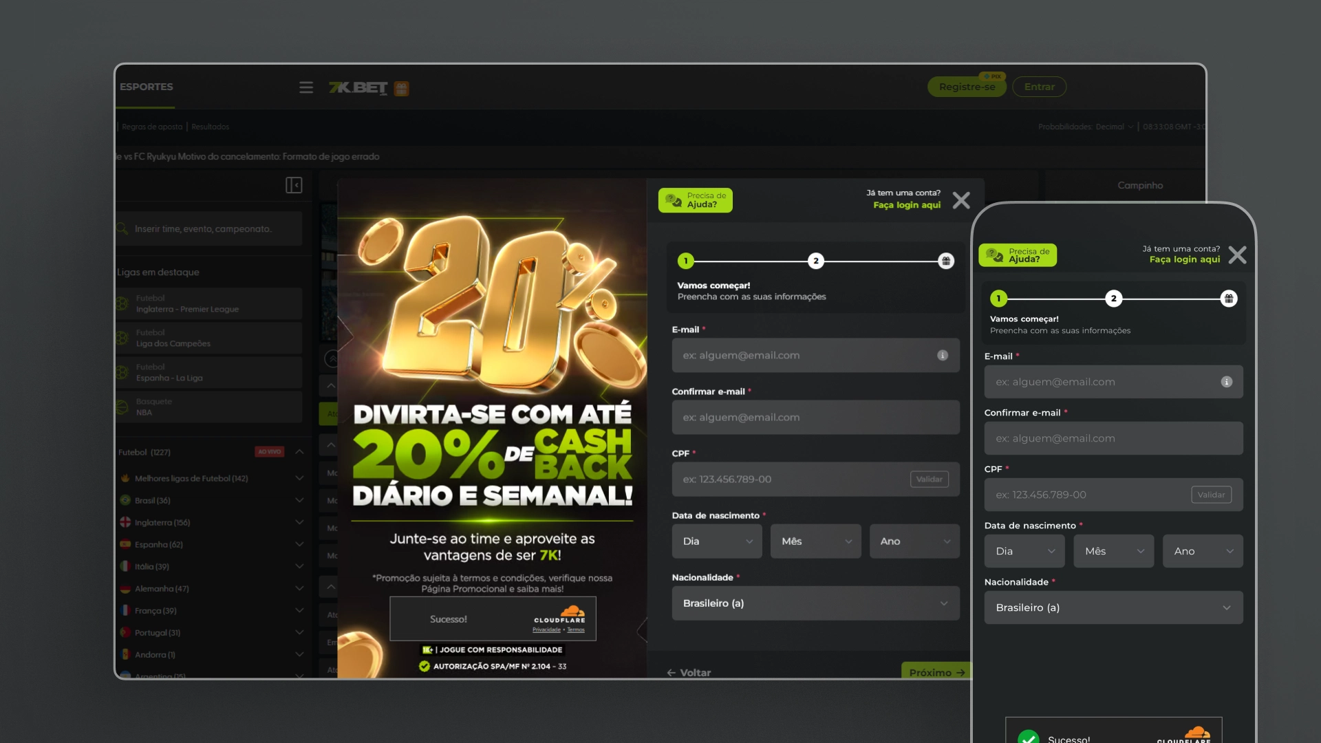 Imagem mostra notebook e celular aberto na página de cadastro da Bet7K