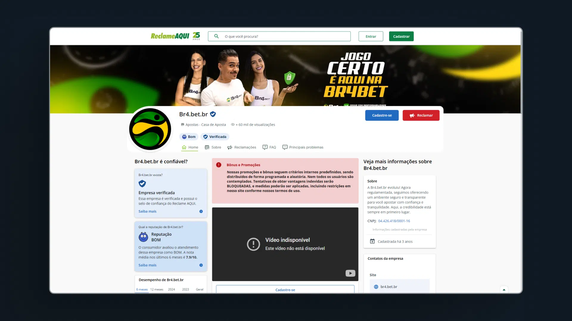 screenshot reclame aqui Br4Bet