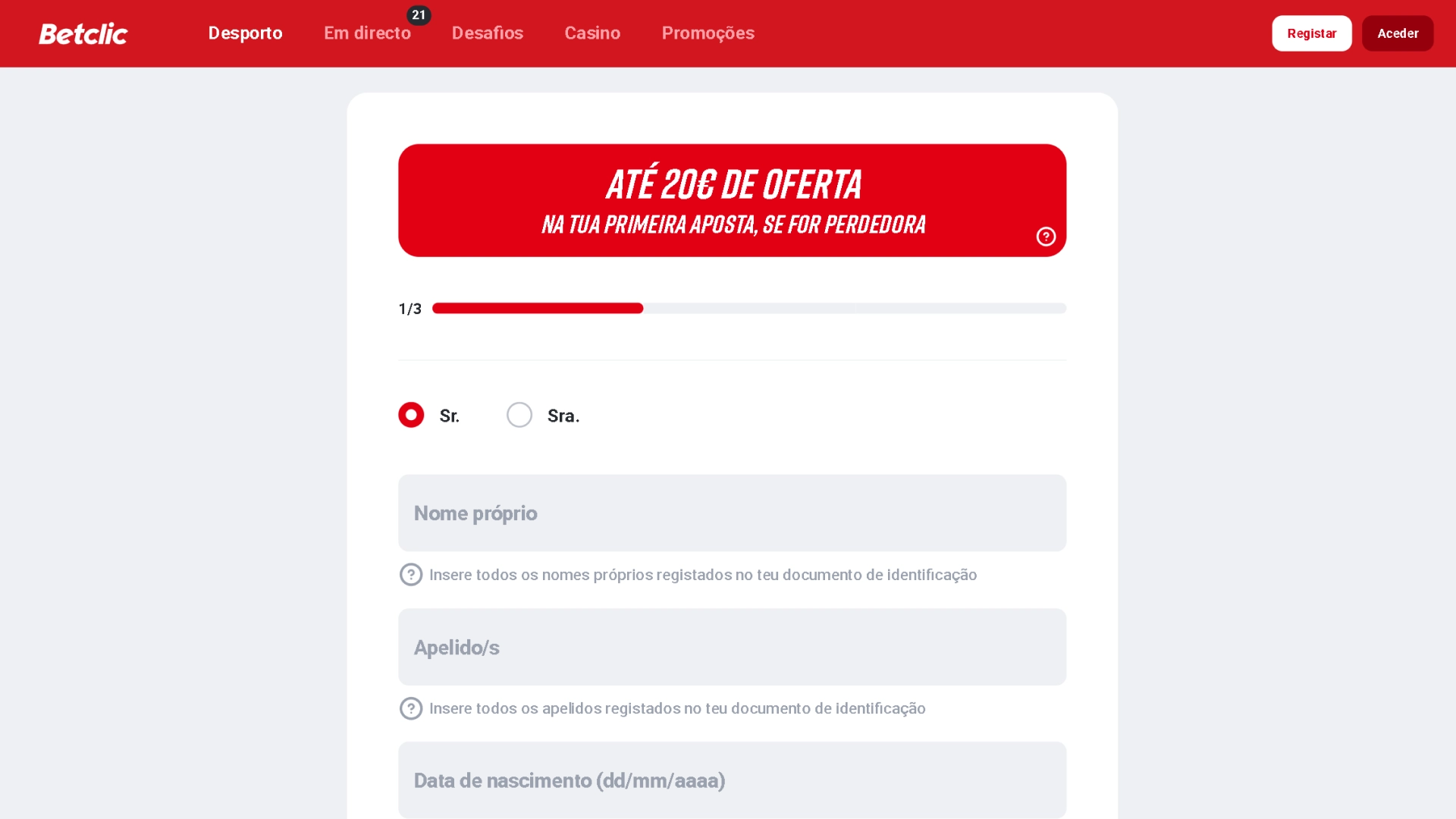 Captura de ecrã da página do registo Betclic